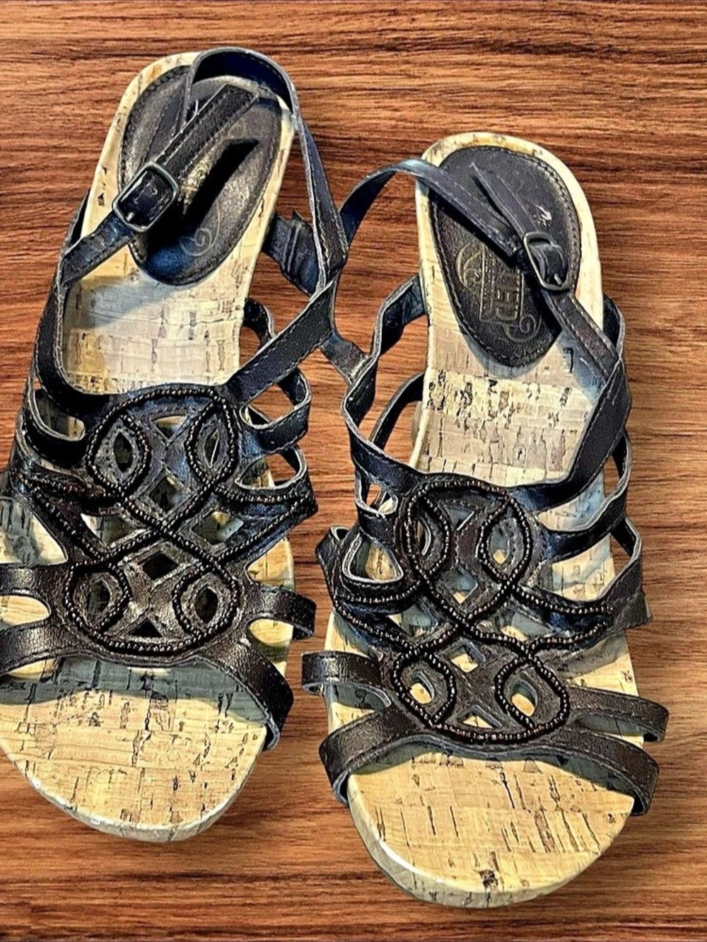 Unlimited Bet On Me Black Cork Wedge Beaded Sandals Women’s Size 6.5M